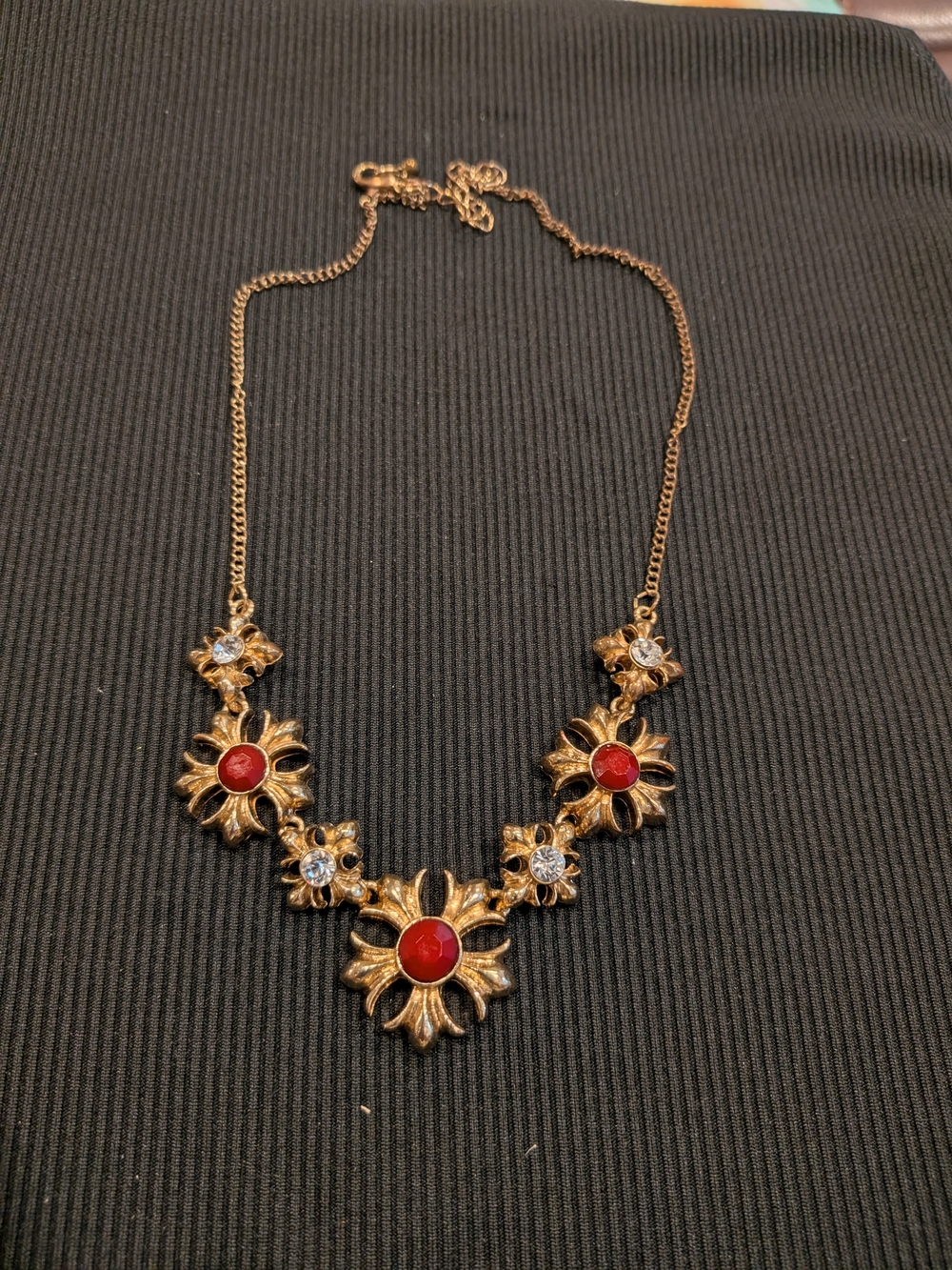 #1:  Gold-Tone Floral Necklace 9"with Red Cabochon Accents Vintage 2000s